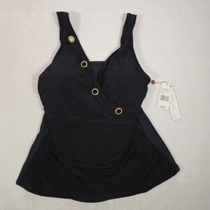 Beyond Control Black Ruched Swim Top Tankini Embellished Gold Tone Rings Size 14